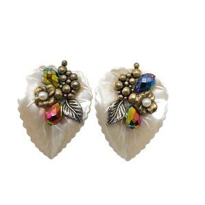 Vintage 1980s White Leaf Clip-On Earrings With Colorful Beads Faux Pearls